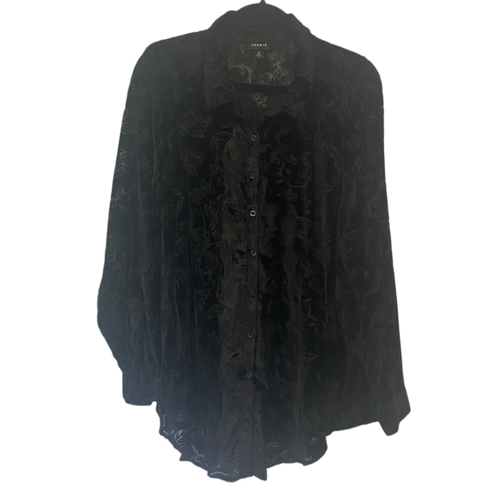 TORRID Black Velvet Floral Burn Out Button Up Long Sleeve Blouse Shirt Size 2